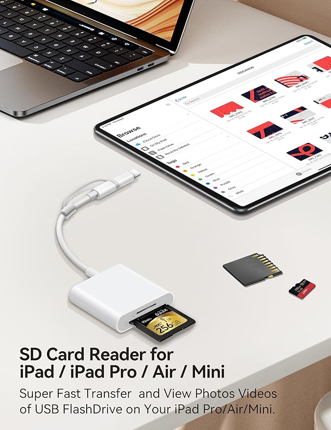 SD Card Reader for iPhone, SD Card Adapter with Lightening & USBC Dual-Connector for iPhone 5-14, USB-C iPhone 15, iPad, Mac or MacBook, Supports SD MicroSD Trail Camera Viewer, Plug and Play
