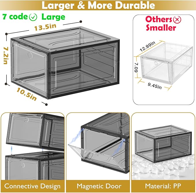 7 code Thicken & Sturdy Clear Shoe Storage Organizer with Magnetic Door, Stackable Boxes for Closet, Foldable Shoe Rack for Sneaker Boot Container, Plastic Shoe Cabinet Shoe Box 6 Pack, Black