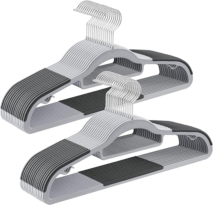 SONGMICS Pack of 30 Coat Hangers, Space-Saving Plastic Clothes Hangers, Non-Slip, 0.2 Inches Slim, 16.5 Inches Wide, 360° Swivel Silver Hook, Light and Dark Gray UCRP20G30
