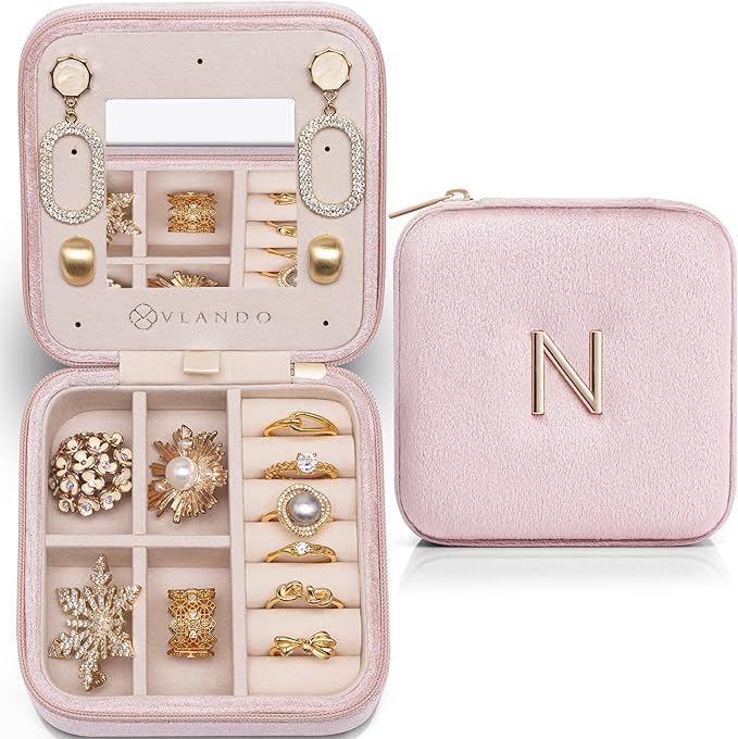 Vlando Graduation Gifts for Her, Graduation Travel Gifts for Women, 2025 Graduation Gifts Travel Accessories for Girls, Graduation Travel Essentials Small Jewelry Box - Letter N, Pink