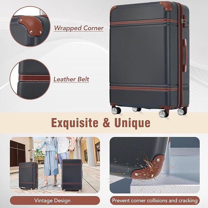 Merax Luggage Set 2 Piece Suitcase Set with Cosmetic Case Expandable Spinner Wheels Vintage Luggage Sets(Black,20"+24")