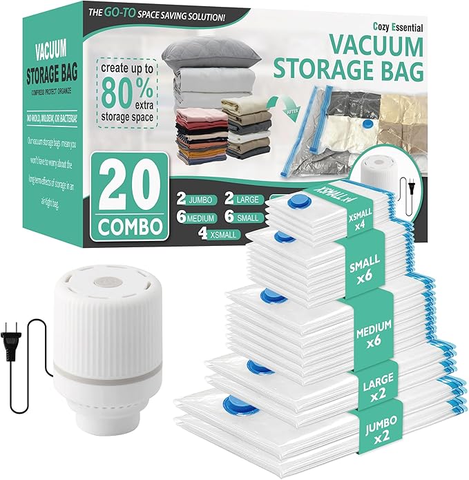 Cozy Essential 20 Pack Vacuum Storage Bags with Electric Pump, Vacuum Seal Space Saver Bags for Clothing, Pillows, Blanket, Bedding, Comforters