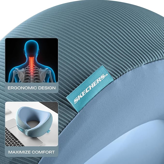 Skechers Women's Memory Foam Neck Pillow, Comfortable & Breathable Travel Pillow,Neck Pillow Airplane for Travel, Car Rides, Home, and Office Use, Ergonomic Design for Men and Women,Light Blue