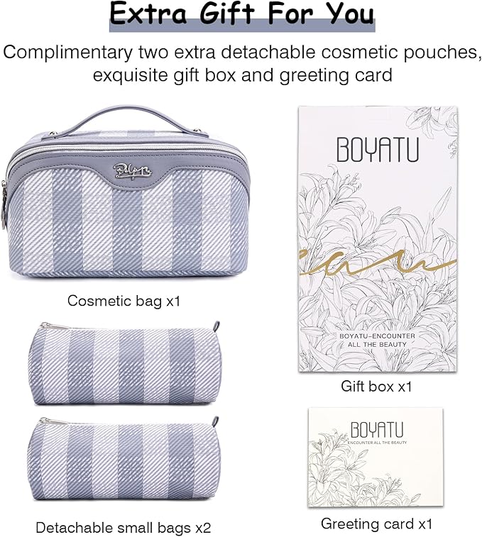 BOYATU Makeup Bag Travel Cosmetic Bag: 3 Pcs Set Portable Make up Bags for Women with Handle - Waterproof Vegan Leather Toiletry Organizer Bags with Comparments (F-05-Blue)