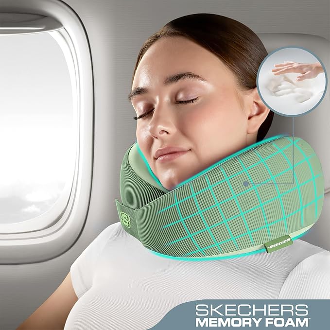 Skechers Women's Memory Foam Neck Pillow, Comfortable & Breathable Travel Pillow,Neck Pillow Airplane for Travel, Car Rides, Home, and Office Use, Ergonomic Design for Men and Women,Green