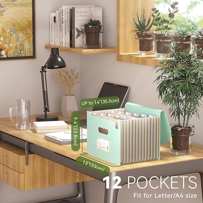 Accordion File Organizer, 12 Pockets Wheat Straw Expanding File Folder, Portable Monthly Paper Bill Tax Receipt Organizer, Letter A4 Size Document Holder，Green Office with Colorful Tab，Mint Green