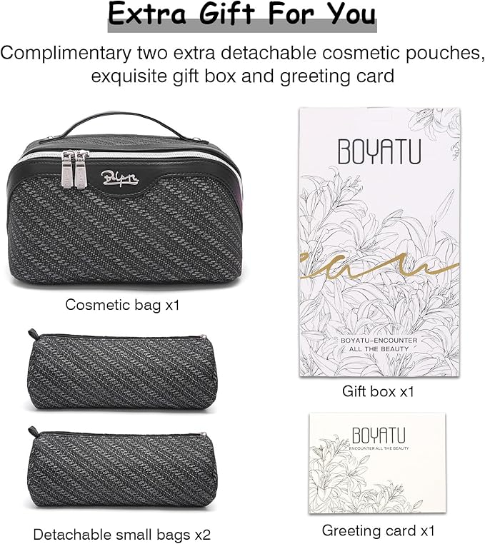 BOYATU Travel Makeup Bags for Women: Large Cosmetic Bag Waterproof - Vegan Leather Make up Bag Set of 3 - Compact Toiletry Organizer with Compartments & Handle & Divider (Z-Black)