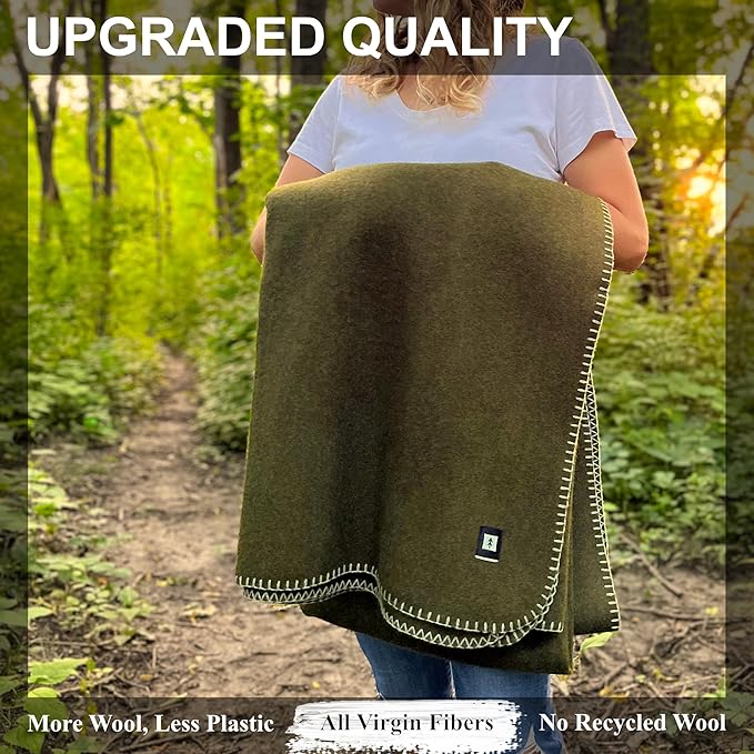 EKTOS 100% Virgin Wool Blankets, 90" x 78", Survival Kits, Camp Equipment, Car Camping (Olive Green, Full Size)