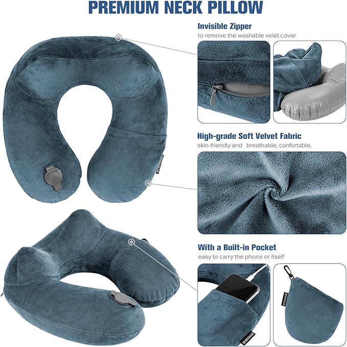 Rewondah Inflatable Travel Pillow for Sleeping Airplane - Inflatable Neck Pillow for Traveling on Plane with Washable Cover, Blow up Neck Travel Pillow for Airplanes, Cars - Portable and Comfortable