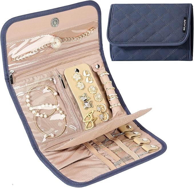 BELALIFE Travel Jewelry Case Organizer, Foldable Storage Roll for Earrings, Necklaces, Rings, Bracelets, Brooches, Blue-Gray