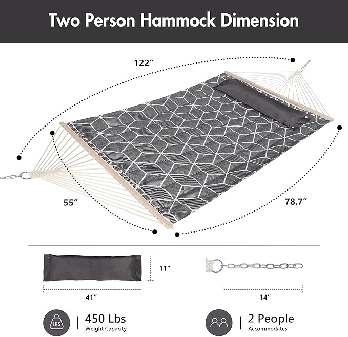 ANOW Outdoor Hammock with Spreader Bars and Detachable Pillow, 2 Person Hammock, 450 LBS Weight Capacity, Gray Cube