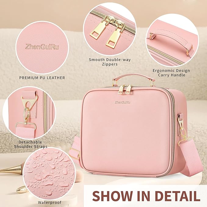 Travel Makeup Bag Cosmetic Organizer Bag with Lighted Mirror, Waterproof Makeup Bag with Light Up Mirror, Travel Makeup Case for Cosmetic Brush Holder Storage, Large Toiletry Bag Women Gift