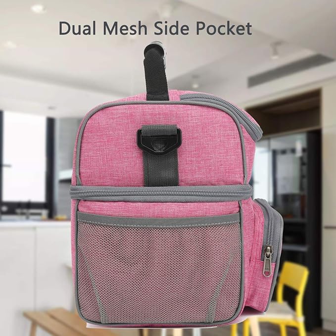 FlowFly Double Layer Cooler Insulated Lunch Bag Adult Lunch Box Large Tote Bag for Men, Women, With Adjustable Strap,Front Pocket and Dual Large Mesh Side Pockets