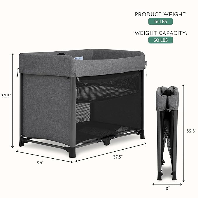 Evolur Zane Portable Playard – Foldable, Removable Mattress, Easy to Use Baby Bassinet for Travel & Home, Grey