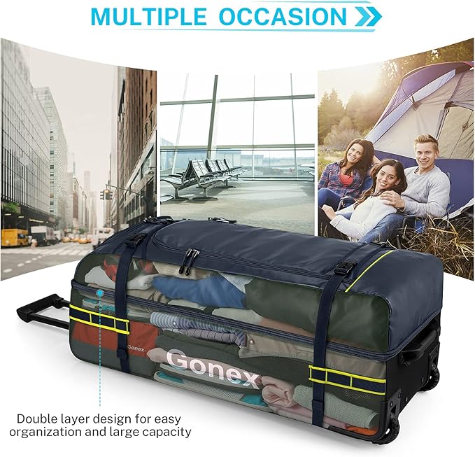 Gonex Rolling Duffle Bag with Wheels, 100L Water Repellent Large Wheeled Travel Duffel Luggage with Rollers 33 inch, Navy Blue