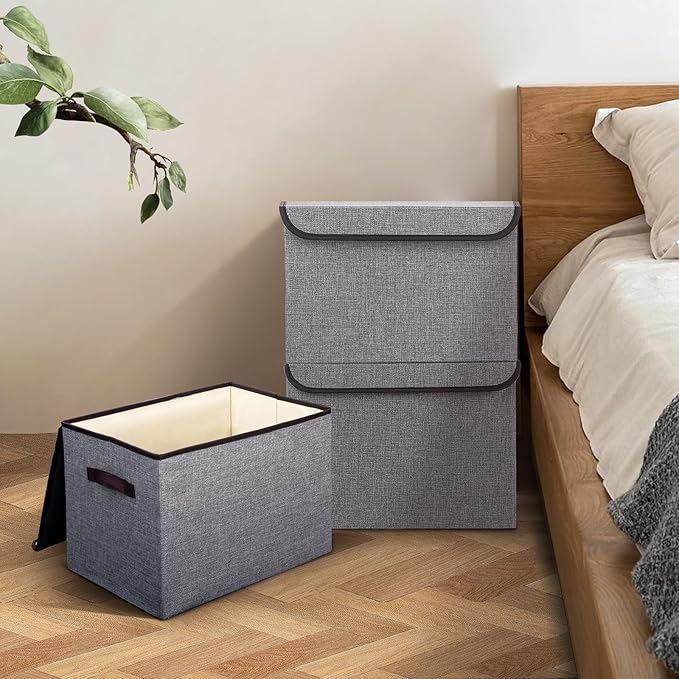 Linen Fabric Foldable Storage Cube Bin Organizer Basket with Flip-Top Lid & Handles, Large Clothes Blanket Box for Home, Office, Closet, Light Gray, 4 Pack 14.6 x 9.5 x 9.5”