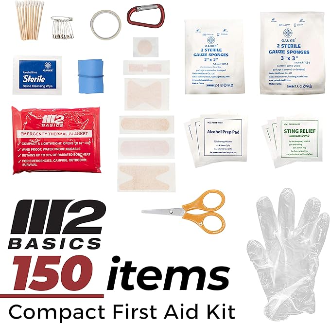 M2 BASICS All-Purpose 150 Piece First Aid Kit | Car, Travel, Home, Hiking, Camping, Survival | Small Emergency Kit, Medical Kit