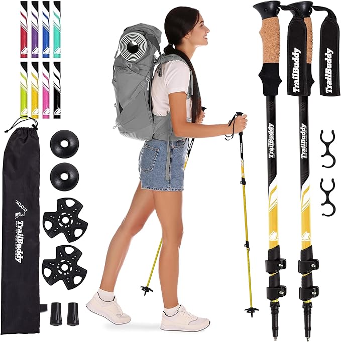 TrailBuddy Trekking Poles - Lightweight, Collapsible Hiking Poles for Snowshoe & Backpacking Gear - Pair of 2 Walking Sticks for Hiking, 7075 Aluminum with Cork Grip