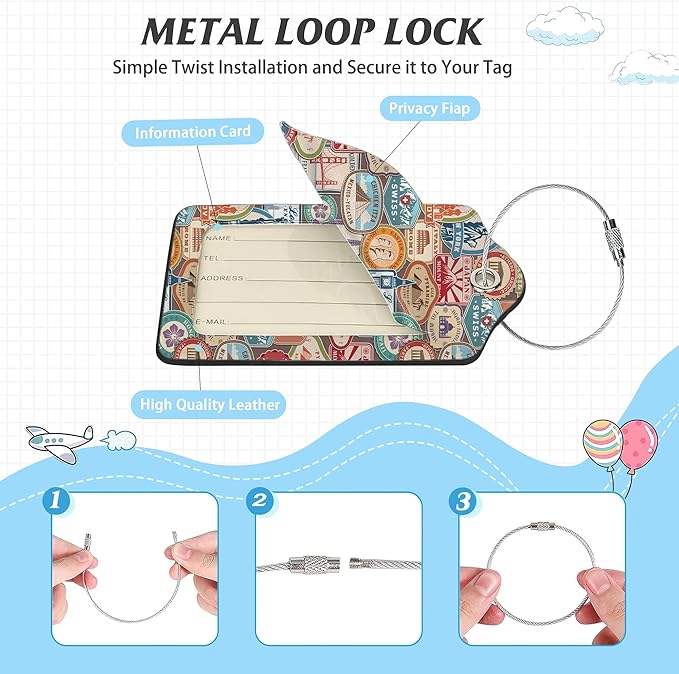 3 Pack Luggage Tag for Suitcase,Travel Stamp Leather Luggage Tags with Privacy Cover Name ID Label Identifiers Travel Bag Tags for Women Men Boys Girls