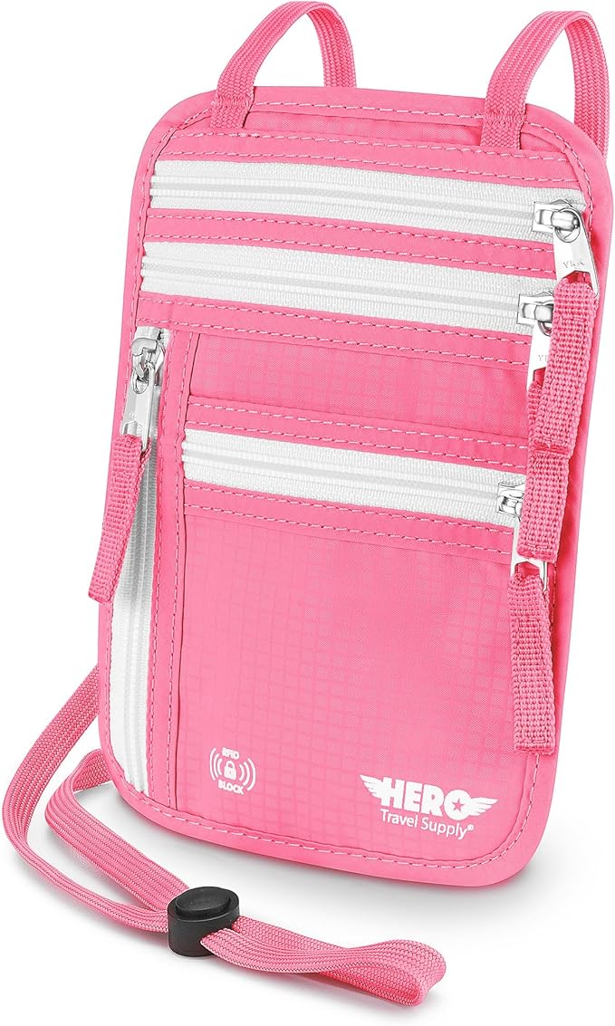 Hero Travel Supply Neck Wallet, RFID Blocking Passport Holder, Easy to Conceal Pouch (Hot Pink)