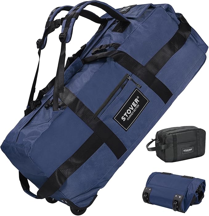 STOVER 80L Rolling Duffel Bag with Wheels, Large 31 Inch Durable Travel Duffle + Toiletry Bag, Heavy Duty, Packable, Foldable w/Shoulder Straps- Use as Luggage or Backpack, Men/Women (Blue)
