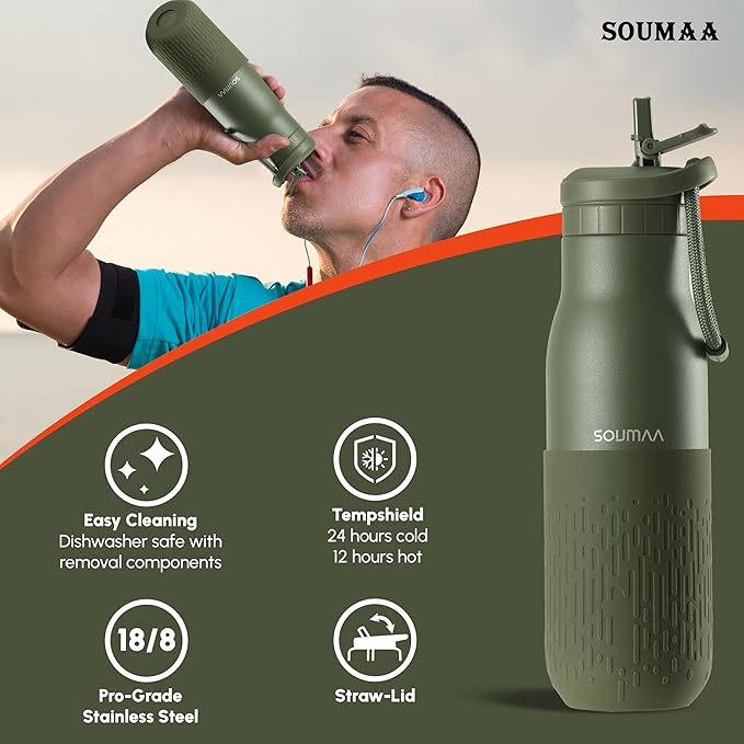 Insulated Stainless Steel Water Bottles with Straw, Wall Vacuum Insulated Water Bottle for Gym Traveling Camping Hiking Outdoor Activity(2 Cleaning Brushes+1 Carabiner, 18 oz Green)