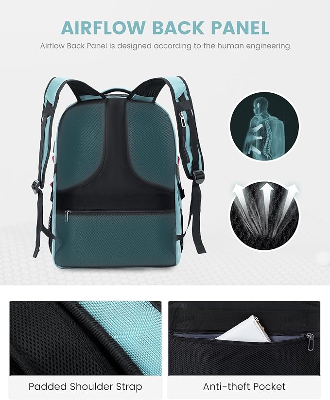LOVEVOOK Travel Laptop Backpack Waterproof Anti Theft Backpack with Lock and USB Charging Port Large Computer Business Backpack for Women College Backpack (17 inch,Paleturquoise & White
