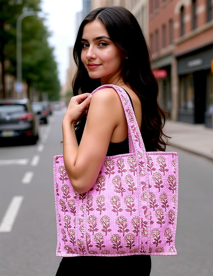 Cotton Quilted Tote Bag for Women – Large Beach & Travel Tote with Zipper, Reusable Grocery Bag