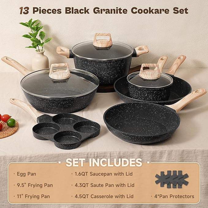13 Pcs Pots and Pans Set, Nonstick Cookware Sets Black Granite Induction Cookware, Non-toxic Healthy Non stick Kitchen Cooking Set with Frying Pans Set, Saucepans (PFAS/PFOA/PFOS Free)