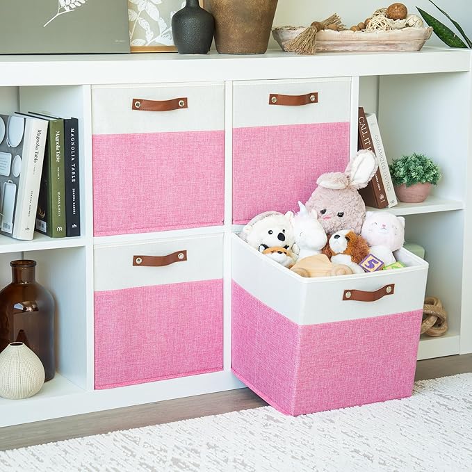 OrganiHaus 13x13 Cube Fabric Storage Bins Set of 4, Fabric Storage Cubes w/ Vegan Handles, 13 inch Collapsible Bins for Clothes & Toy Organizer, Cubbies Organizer, 13x13 Basket for Decor - Pink/White