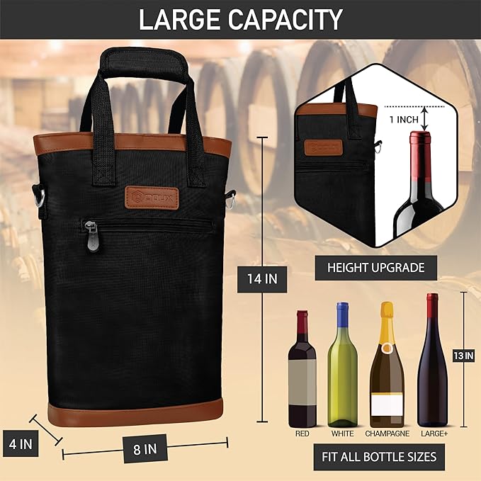 opux Two Bottle Wine Bag Carrier Tote, Insulated Leakproof 2 Bottle Wine Cooler Bag for Travel BYOB Picnic, Portable Wine Case, Gift for Men Women Wine Lover Birthday Party Christmas, Black