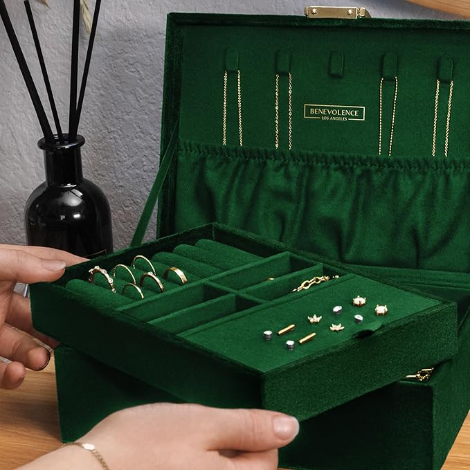 Benevolence LA 2 Layer Jewelry Box for Women, Large Velvet Jewelry Organizer with Decorative Lock, Removable Jewelry Tray, Earrings, Bracelets, Rings and Necklace Storage Box - Emerald