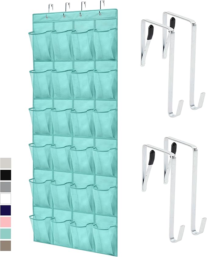 GORILLA GRIP Over the Door Shoe Organizer, 24 Large Breathable Mesh Pockets, Space Saving Hanging Storage Holder, Closet Rack Hanger Holds Up to 40 lbs, Hangs on Closets, Shoes, Accessories, Turquoise