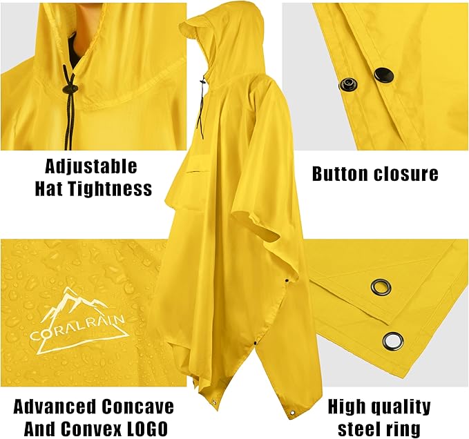 Coralrain Hooded Rain Poncho Lightweight Waterproof Unisex Raincoat Jacket with Pocket for Men Women Adult