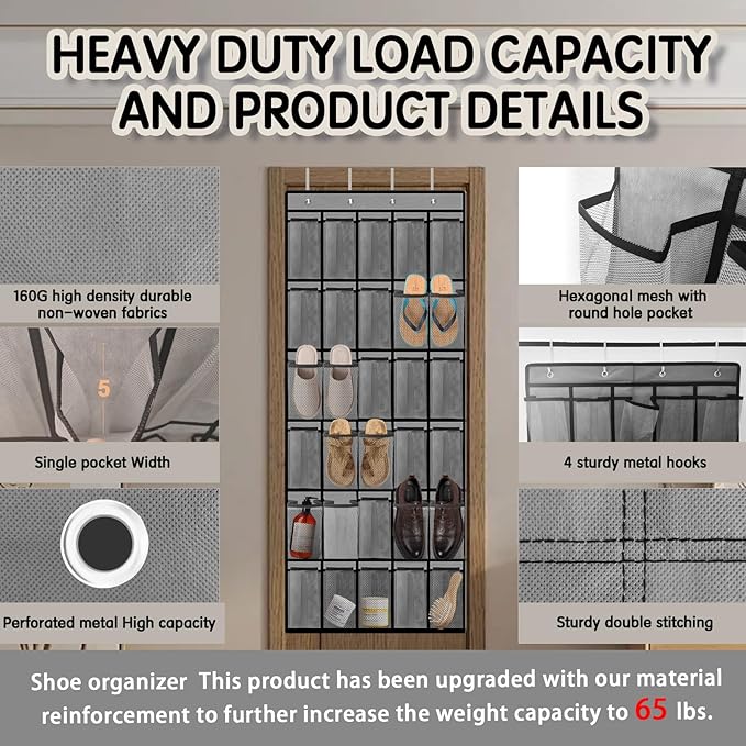 2PCS Over the Door Shoe Organizer with 30 Breathable Mesh Pockets - Large Capacity Closet Storage for Men & Women, Hanging Shoe Rack Organizer -Gray