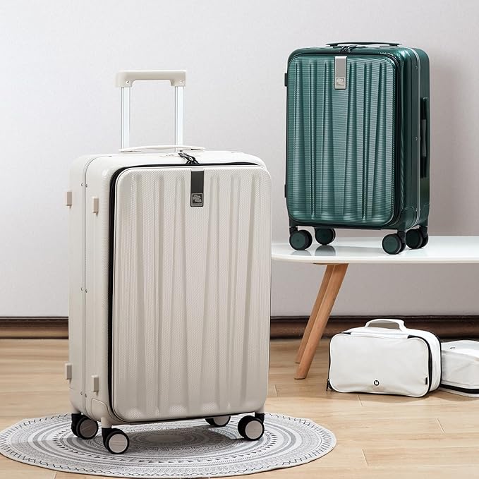 Hanke 24 Inch Checked Luggage Front Opening Rolling Suitcase Hard Sided Luggage with Spinner Wheels Travel Luggagefor Woman Men.(Dark Green)