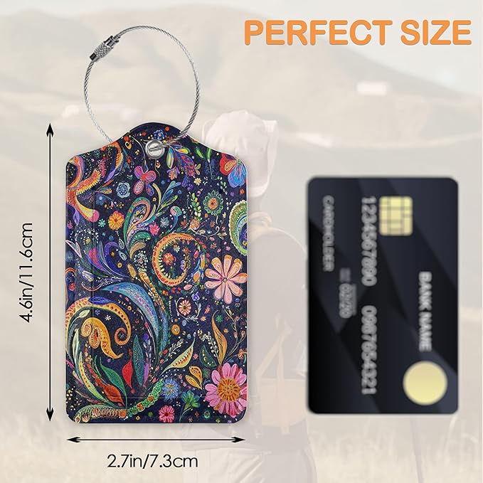 Colorful Boho Floral 3 PCS PU Leather Luggage Tags for Suitcase, Luggage Tag with Privacy Flap, Name ID Label and Metal Loop for Women Men Baggage Handbag School Bag Backpack