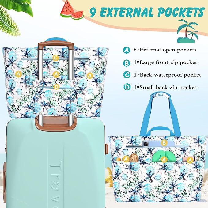Extra Large Beach Bags for Women, Waterproof Sandproof Beach Tote Bag Zipper Foldable Swim Pool Bag with Wet Pocket