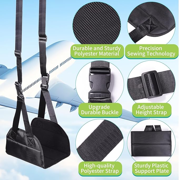 Lefeke Airplane Foot Hammock, Adjustable Foot Hammock for Plane Travel with 2 Straps, Plane Foot Rest with Support Plate, Foot Swing Airplane Travel Essentials