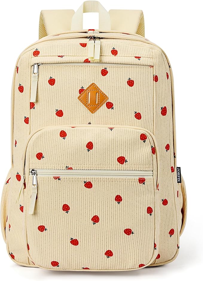 ZORFIN 26L Backpack for College, and Travel: Corduroy Bookbag - Strawberry