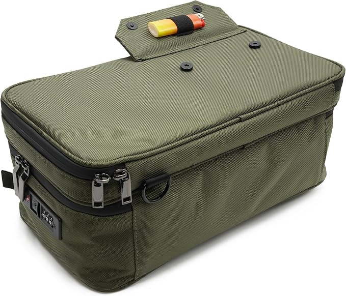 Large Storage Case with TSA Combination Lock Bag, Portable Carbon Lined, XL Medicine Lockable Box for Travel & Home Secured Box Organizer Divider Jars Accessories, Removable Tray (Green)