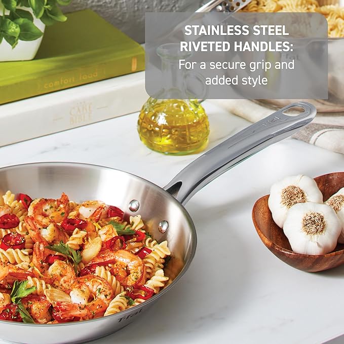 T-fal Stainless Steel Cookware Set, 11 Piece, Induction Cookware, Oven Safe to 500°F, Kitchen Cooking Set w/Fry Pans, Pots and Pans, Dutch Oven, Saucepans, Kitchen Essentials, Silver