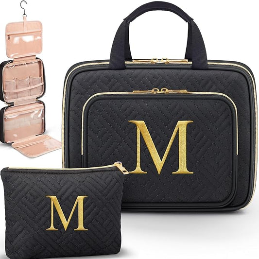 Gifts for Women, Initial Toiletry Makeup Bag Hanging Cosmetic Organizer with Embroidery Letter Personalized Nurse Teacher Appreciation Gift Birthday Christmas Gifts for Mom Sister Wife Friend Auntie
