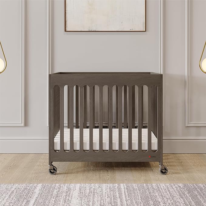 Foundations Boutique Folding Hotel Crib and Sheet Bundle - Includes Wooden Mini Crib with 3" Foam Mattress (Gray) and 6-Pack White Fitted Compact Sheets