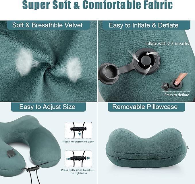 urophylla Compact Travel Neck Pillow for Airplanes, Super Soft Velvet Neck Support, Adjustable Firmness, Inflatable Plane Pillow for Long Flights, Road Trips, Travel Essentials with Eye Mask, Earplug