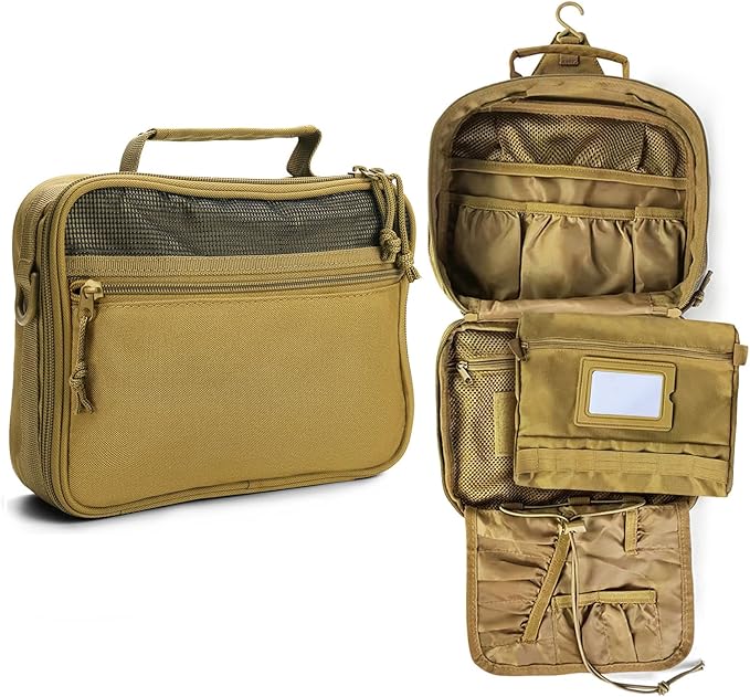 SUNRISING Tactical Toiletry Bag for Men - Hanging Travel Dopp Kit, Shaving Hygiene Organizer, Durable Bathroom Essentials for Short Trips & Camping Khaki（No molle）