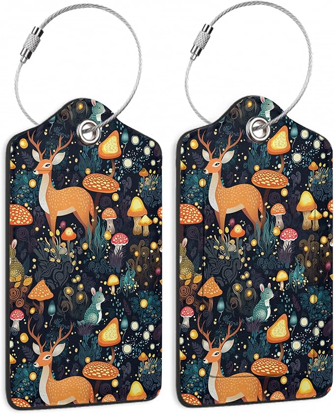 2 Pack Mushrooms Luggage Tag for Suitcases Deer Forest Animal PU Leather Bag Travel Suitcase ID Identifier Baggage Tags for Women Men Travel