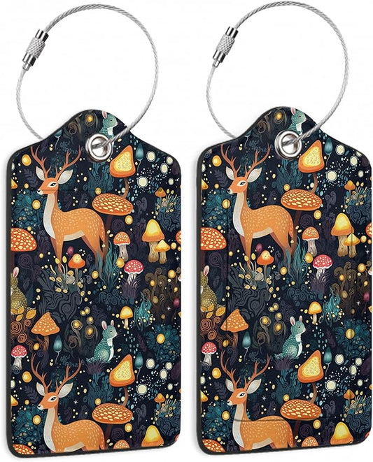 2 Pack Mushrooms Luggage Tag for Suitcases Deer Forest Animal PU Leather Bag Travel Suitcase ID Identifier Baggage Tags for Women Men Travel