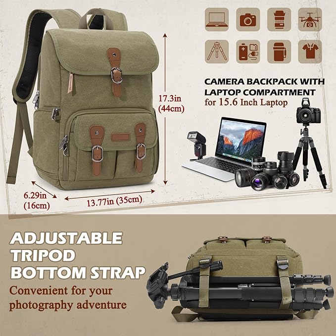 RAINSMORE Camera Bag Backpack for DSLR/SLR Mirrorless 15.6 Inch Laptop Camera Back Pack for Photographers Anti-Theft Photography Bags Case with Tripod Holder & Rain Cover, Green