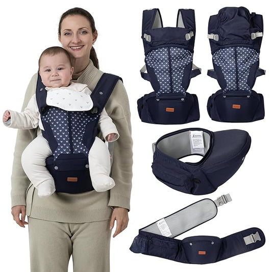 BabbleRoo Grow Carrier – 6-in-1 Baby Carrier with Hip Seat, Ergonomic, Cozy & Adjustable Toddler Carrier 7-50 lbs with Hip & Lumbar Support, Hood for Sun Protection, Newborn to Toddler, Navy Hearts